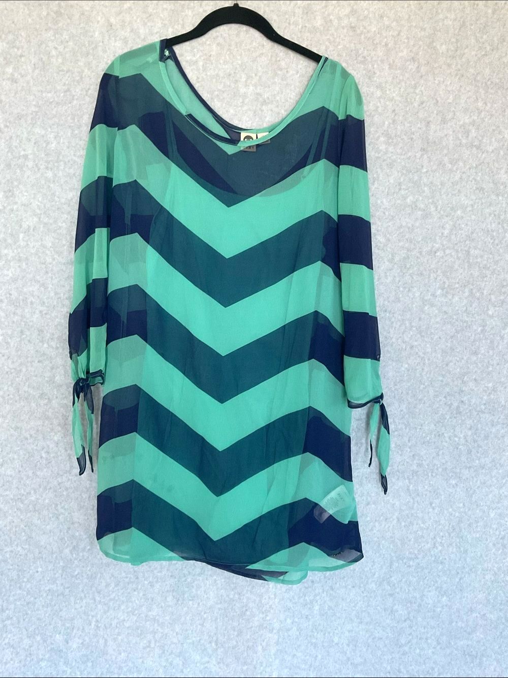Roxy Teal Chevron Sheer Tunic Blouse Large L Boho Beach Cover Up Tie Sleeve